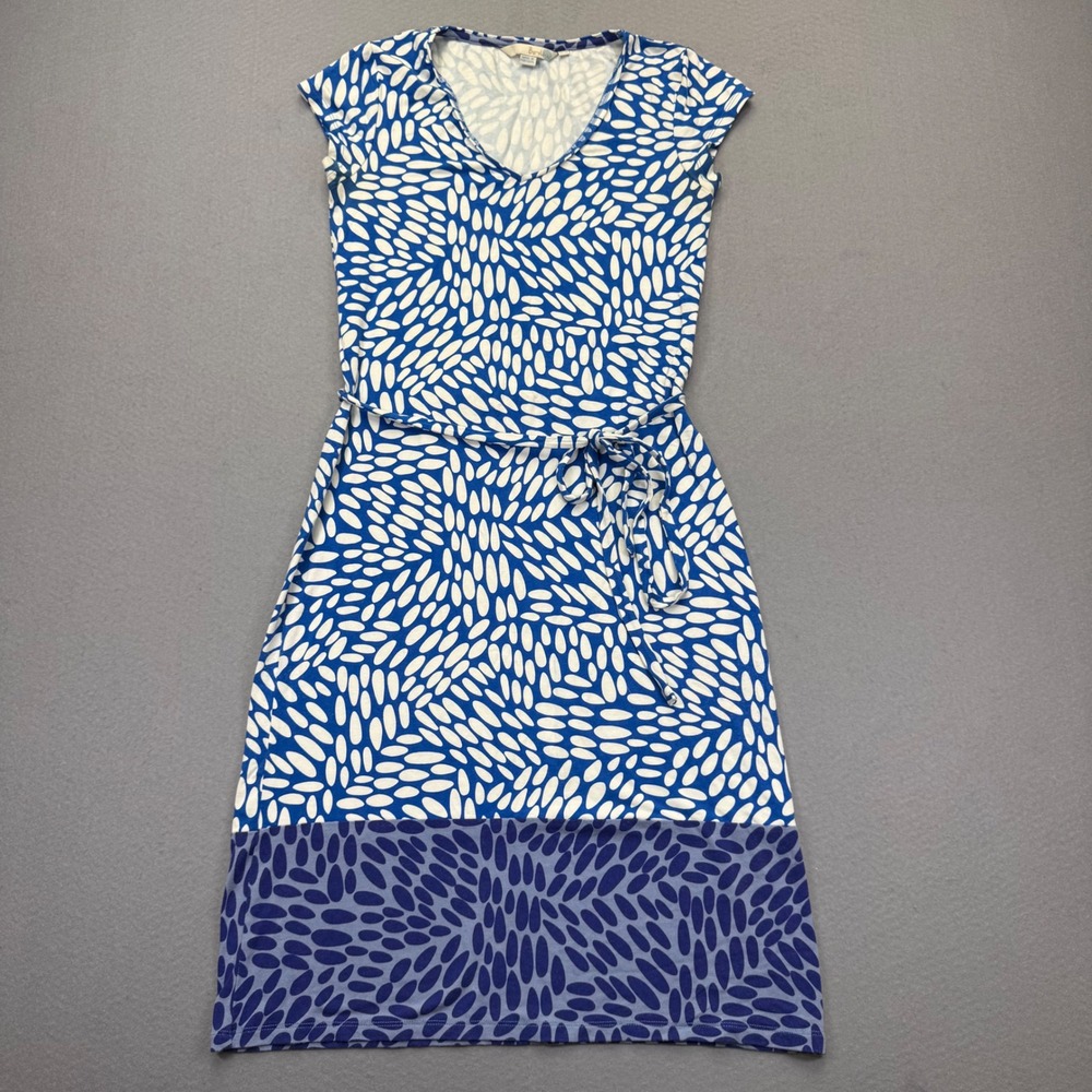 Boden Blue White Abstract Geometric V-Neck Cap Sleeve Jersey Tie Waist Dress 2R